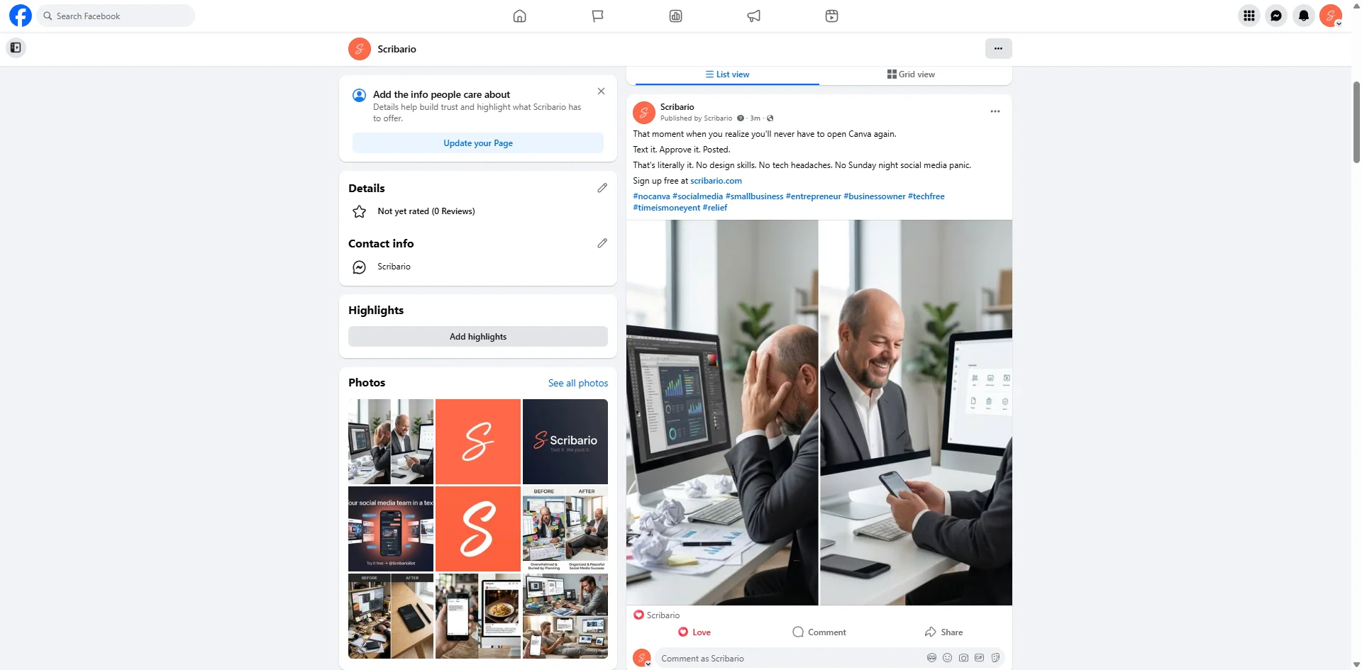 A real Facebook post created and published by Scribario in 30 seconds