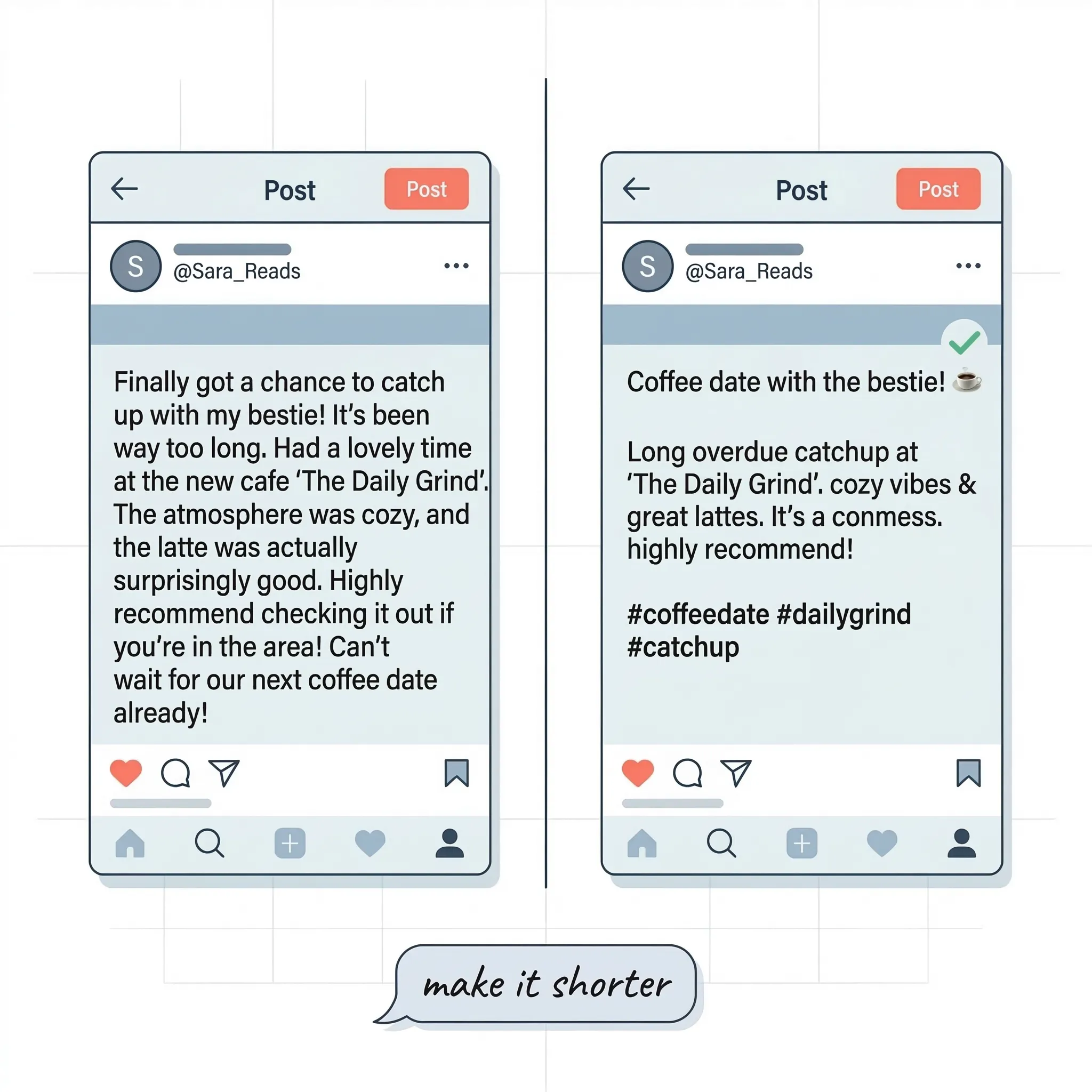 Before and after comparison of a social media caption being refined with natural language editing — Scribario AI caption editing