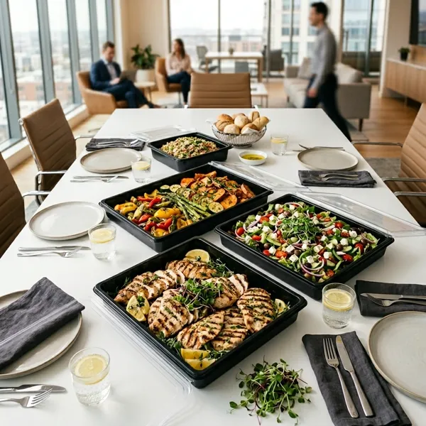 AI-generated social media post example: Catering & Private Events — created by Scribario from the prompt "Post about our catering: corporate lunch packages starting at $18/person, 24hr notice, free delivery within 10 miles"