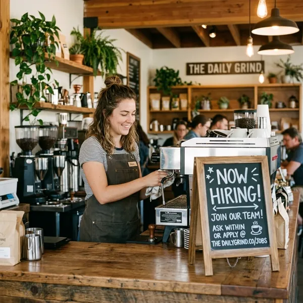 AI-generated social media post example: Hiring & Team Announcements — created by Scribario from the prompt "We're hiring a part-time barista, weekends, $17/hr plus tips, apply in person or DM us"